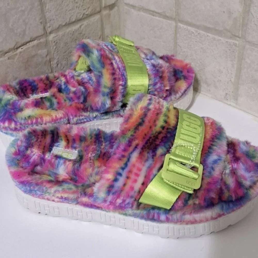 UGG Fuzzy Rainbow Platform Slides Shoes Size 7